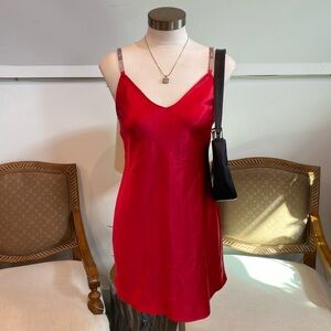Victoria's Secret Red Satin Mini Slip Dress with Silver Beaded Strap Accents, XS